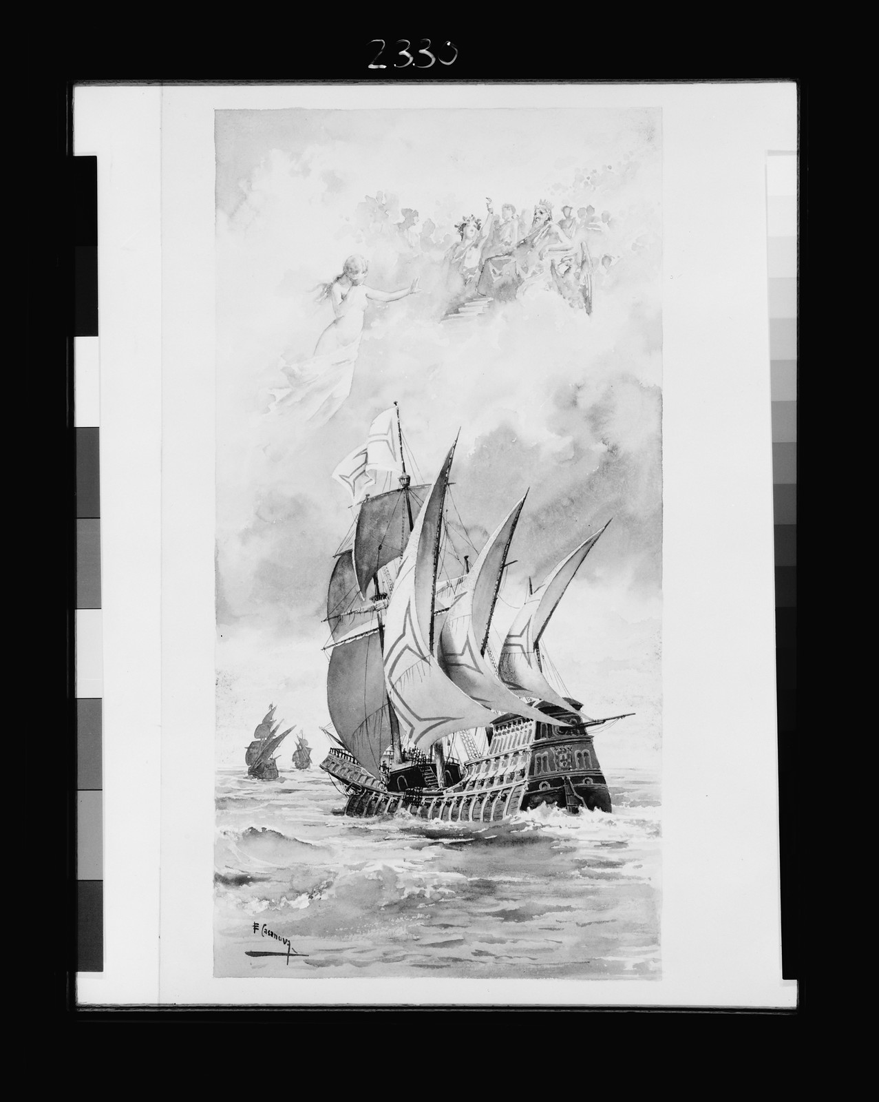 [Vasco da Gama's ship with gods above] / E. Casanova., [ca. 1880] — historic print