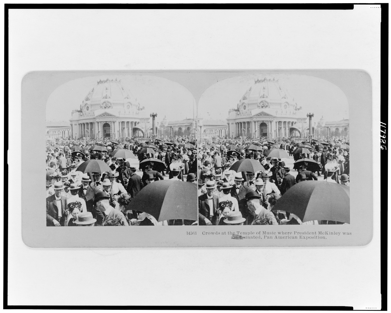 Crowds at the Temple of Music where President McKinley was assassinated, Pan American Exposition, Littleton, N.H. : Photographed and published by B.W. Kilburn, c1901. — historic photograph