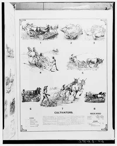 Cultivators: numbered engravings of horse-drawn farm implements