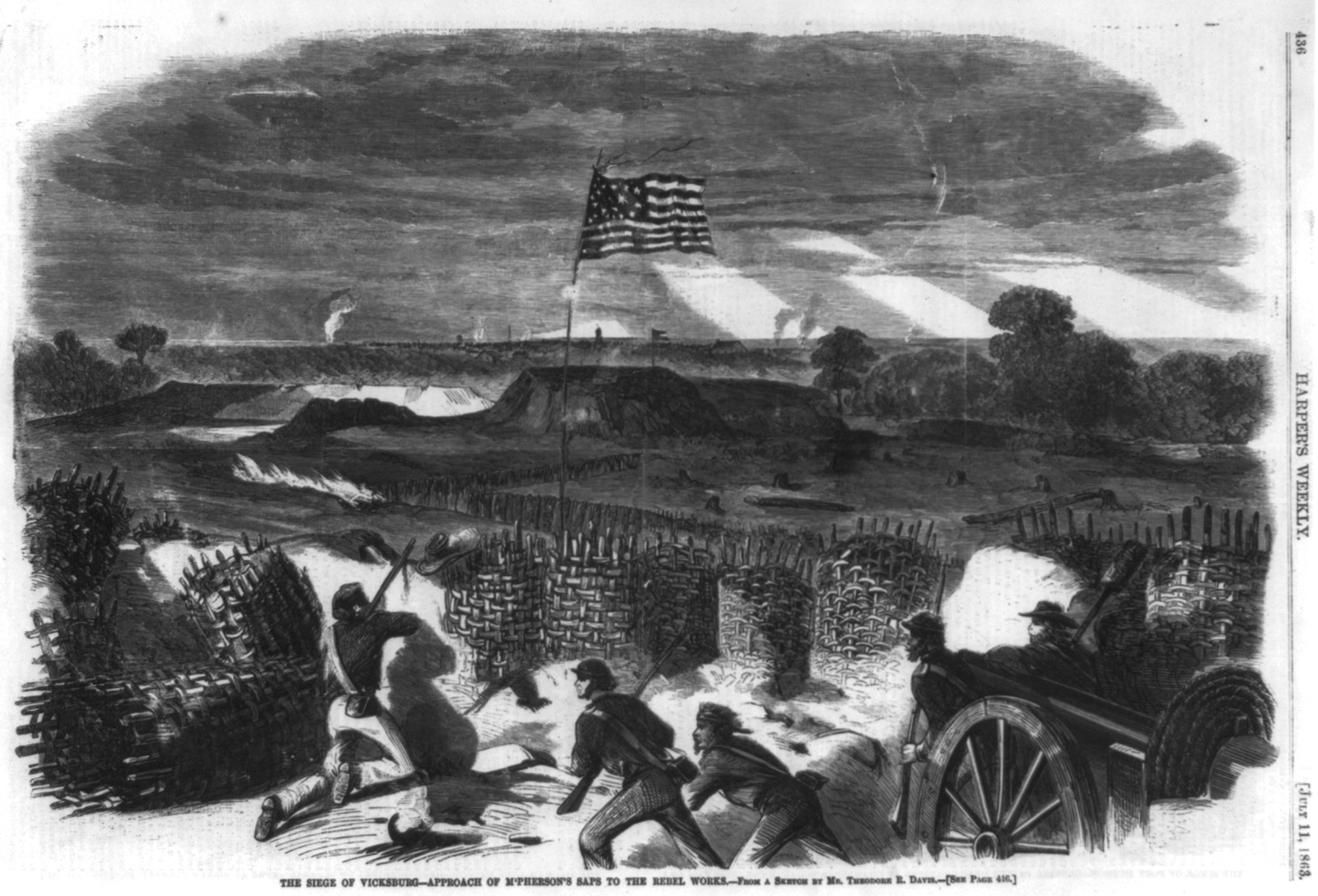 The seige of Vicksburg - Approach of McPhearson's saps to the rebel works, 1863 — antique engraving