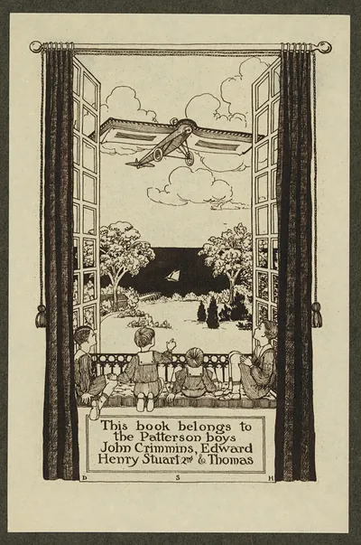 Bookplate for the Patterson boys, children watching an airplane