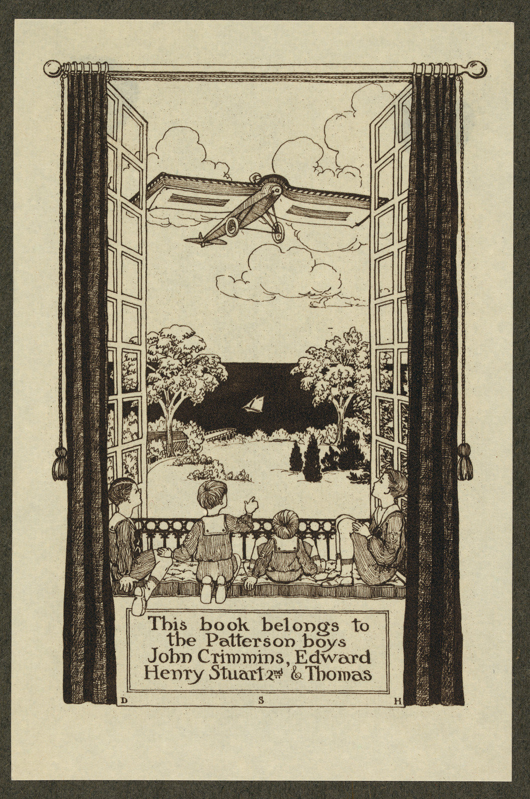 Bookplate for the Patterson boys, children watching an airplane — historic image