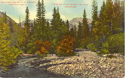 View on the Teton in the Rockies, hand-colored postcard