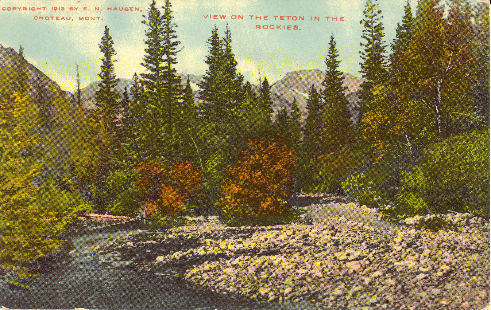 View on the Teton in the Rockies, hand-colored postcard — vintage postcard