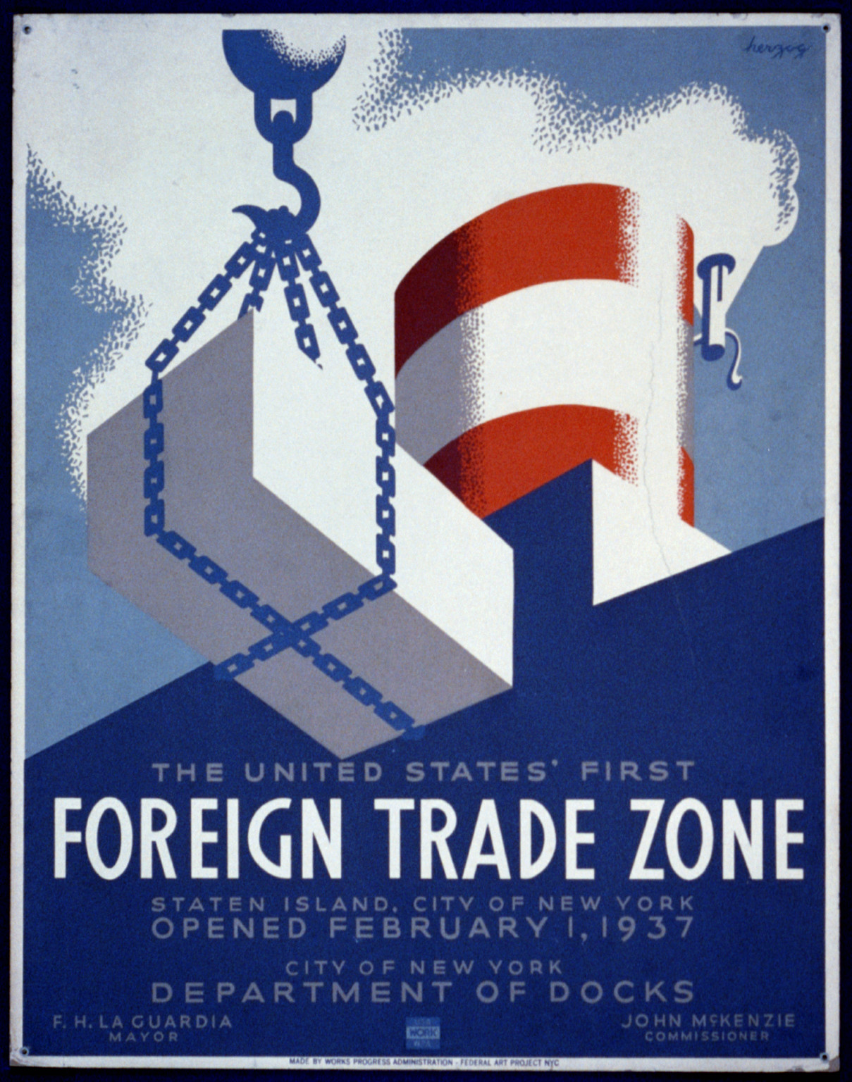 The United States first foreign trade zone Staten Island city of New York opened Febr, 1937 — vintage poster