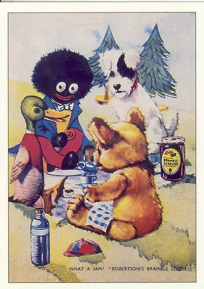 What a Jam! Robertson's Bramble Seedless advertising card with Golly and bear