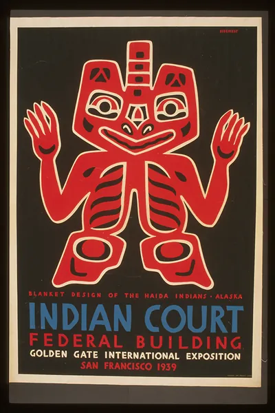 Indian court, Federal Building, Golden Gate International Exposition, San Francisco, 1939 Blanket design of the Haida Indians, Alaska / Siegriest.