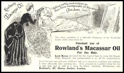 Rowland's Macassar Oil advertisement for the hair, with printed Lord Byron quotation