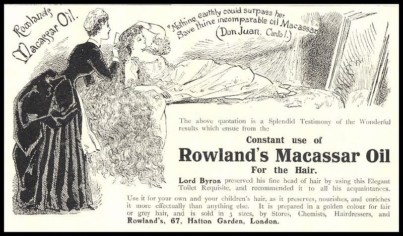 Rowland's Macassar Oil advertisement for the hair, with printed Lord Byron quotation — historic print
