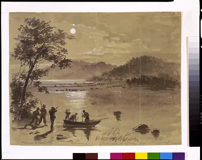 Previous to Antietam. Rebels crossing the Potomac. Union scouts in foreground