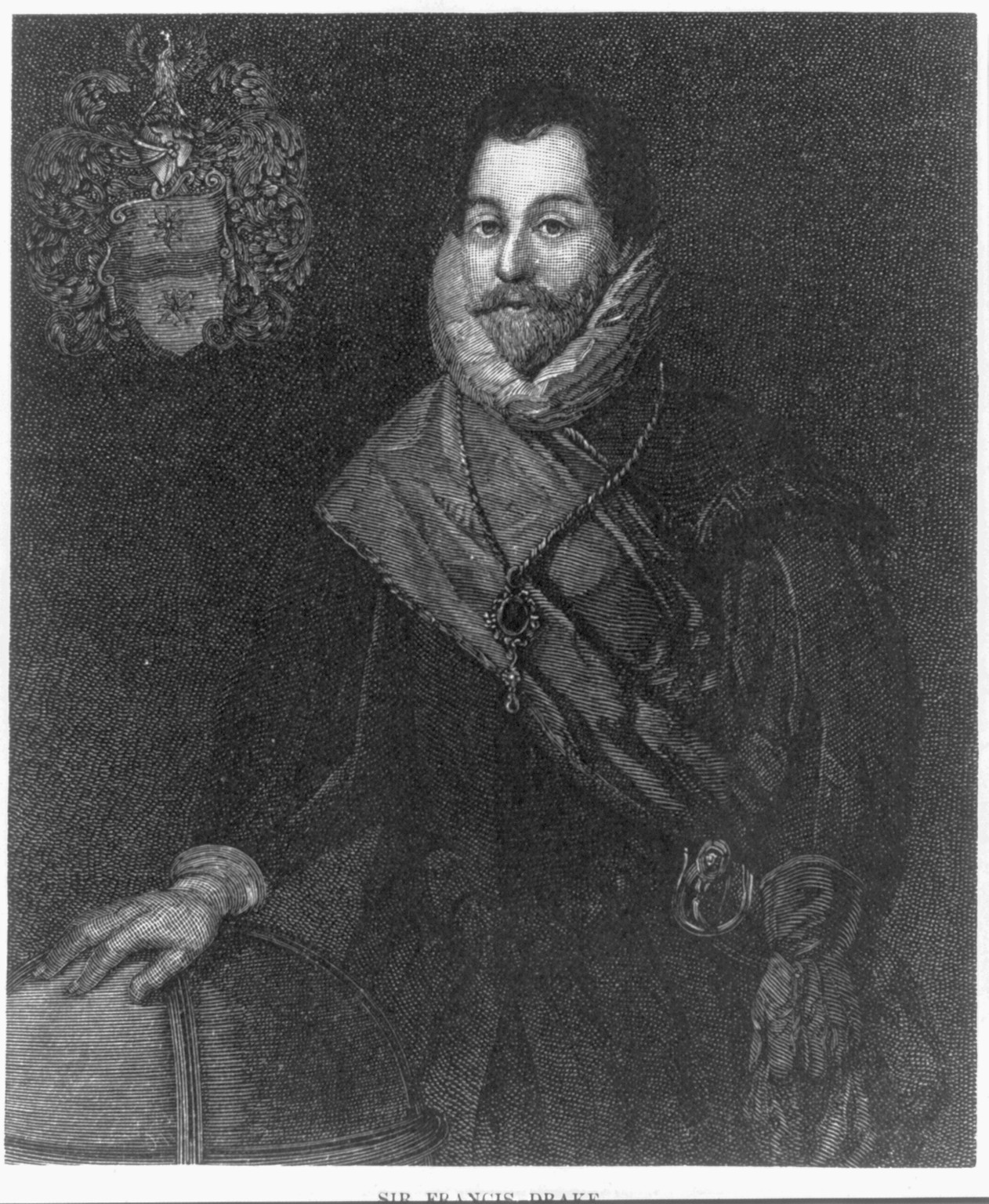 [Sir Francis Drake, 1540?-1596, half-length portrait, facing left] — antique engraving