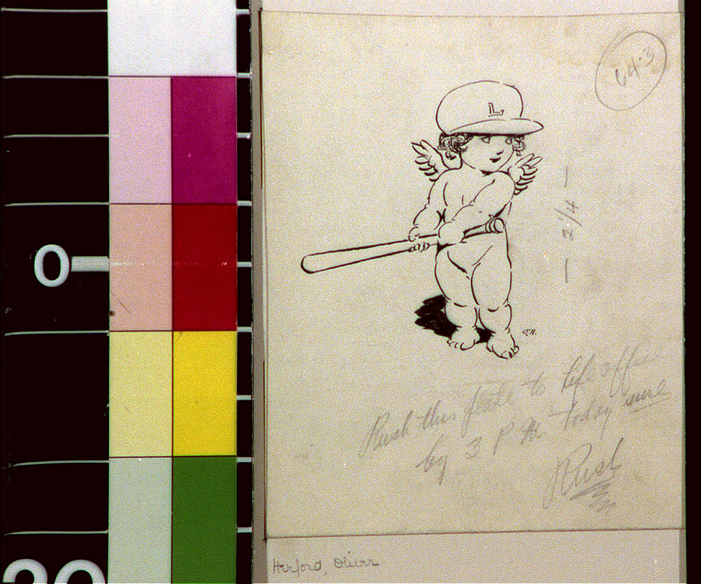 Cherub in baseball cap holding bat, ink drawing with handwritten note — historic drawing