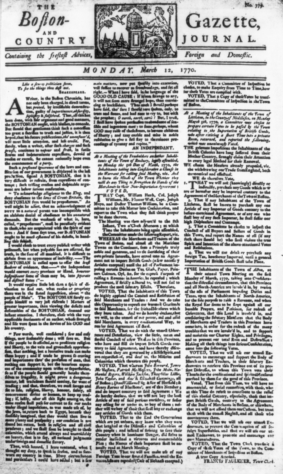 The Boston Gazette, and Country Journal. Monday, March 12, 1770 — historic image