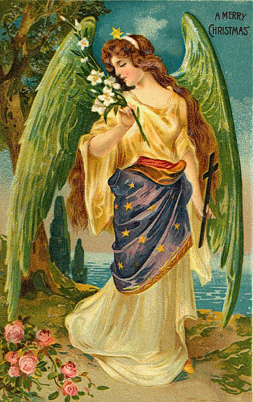 Victorian Christmas card of angel with lilies — historic image