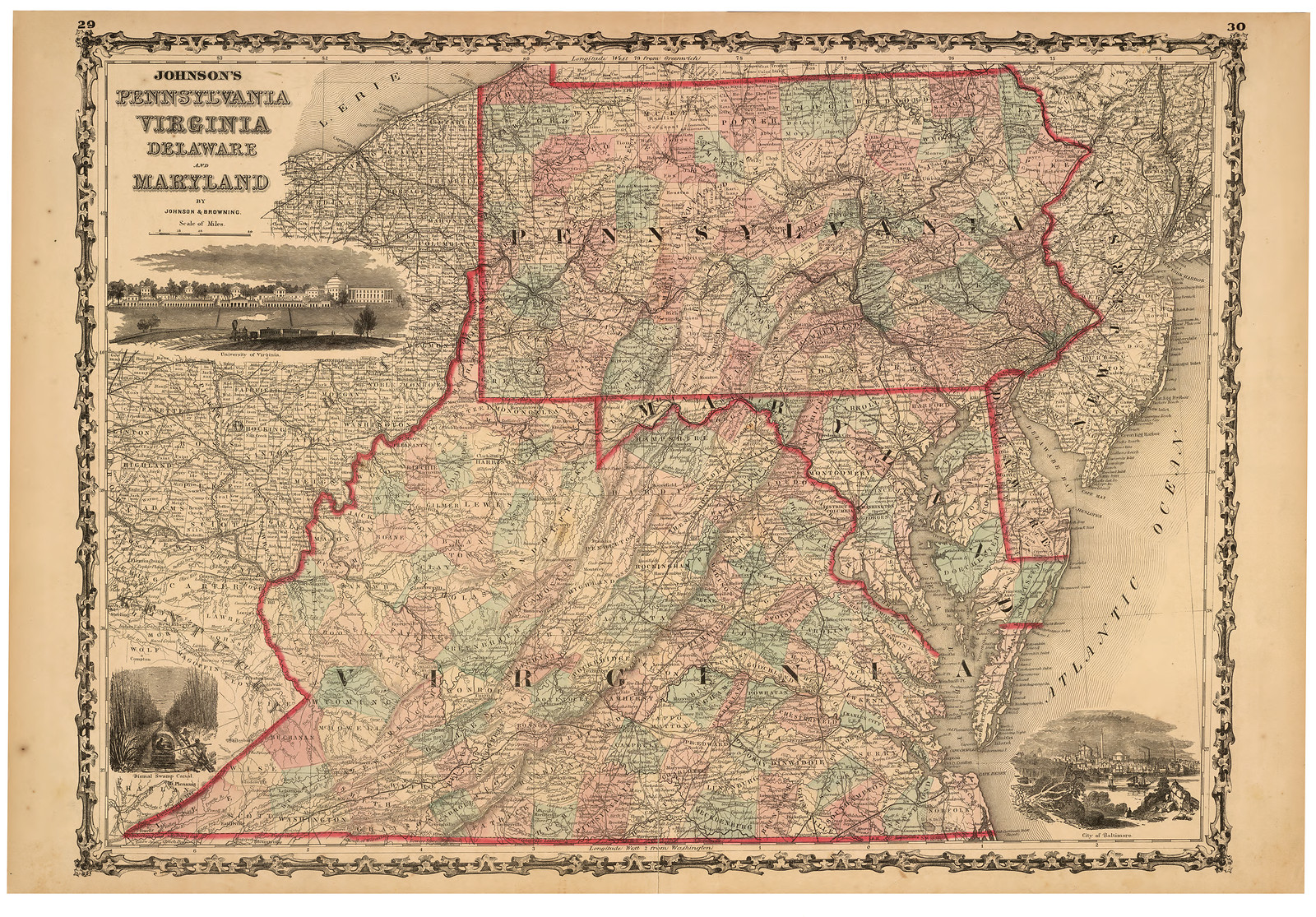 Johnson's Pennsylvania, Virginia, Delaware and Maryland map — antique map