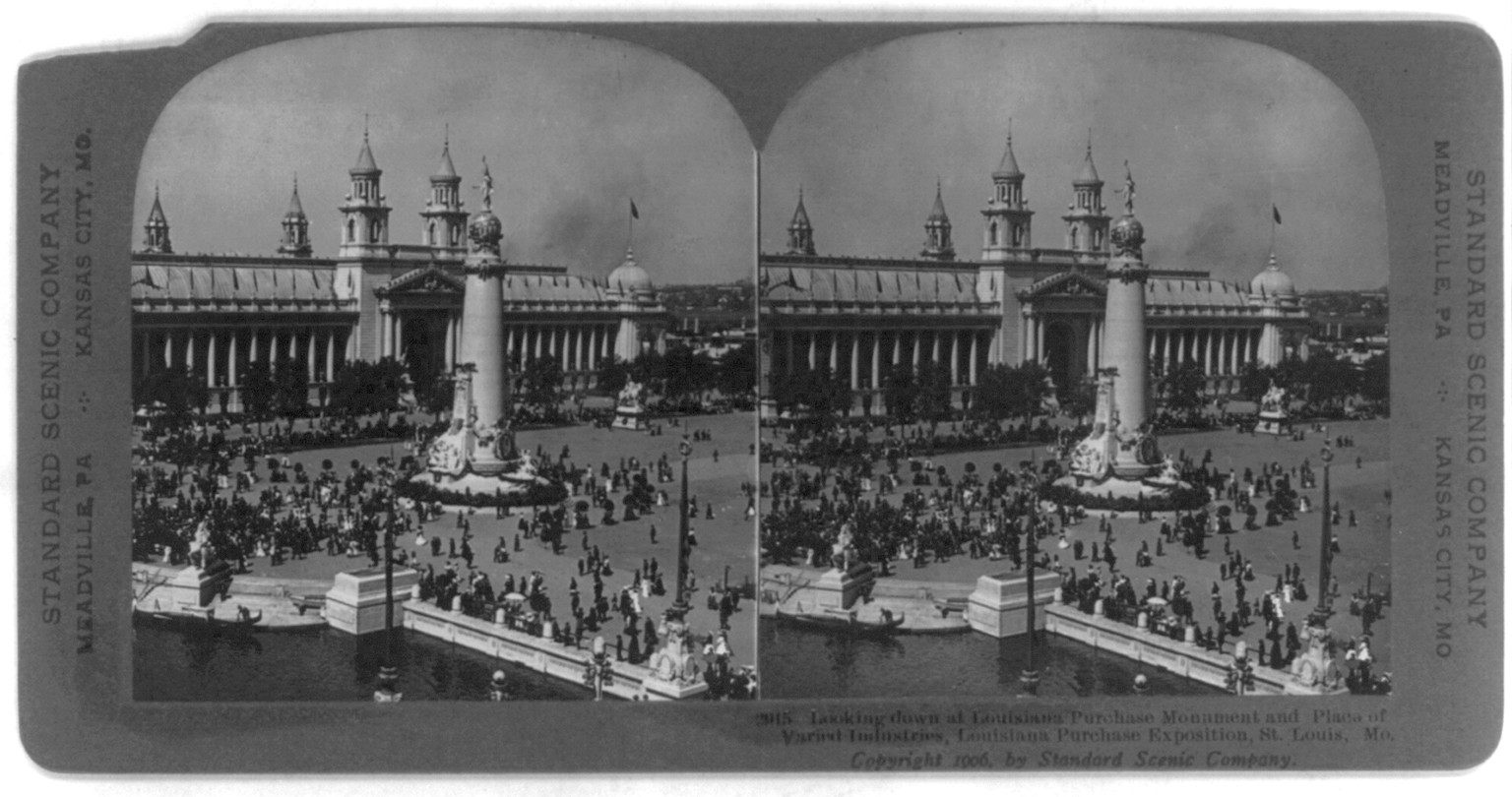 Looking down at Louisiana Purchase Monument and Place of Varied Industries, Louisiana Purchase Exposition, St. Louis, Mo., c1906. — historic photograph