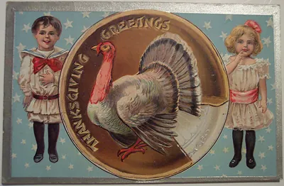 Thanksgiving Greetings postcard with turkey and two children