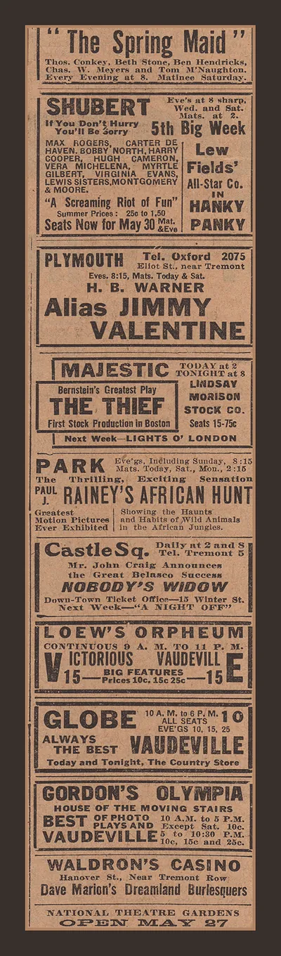 Theatre newspaper advertisements for Boston playhouses and vaudeville
