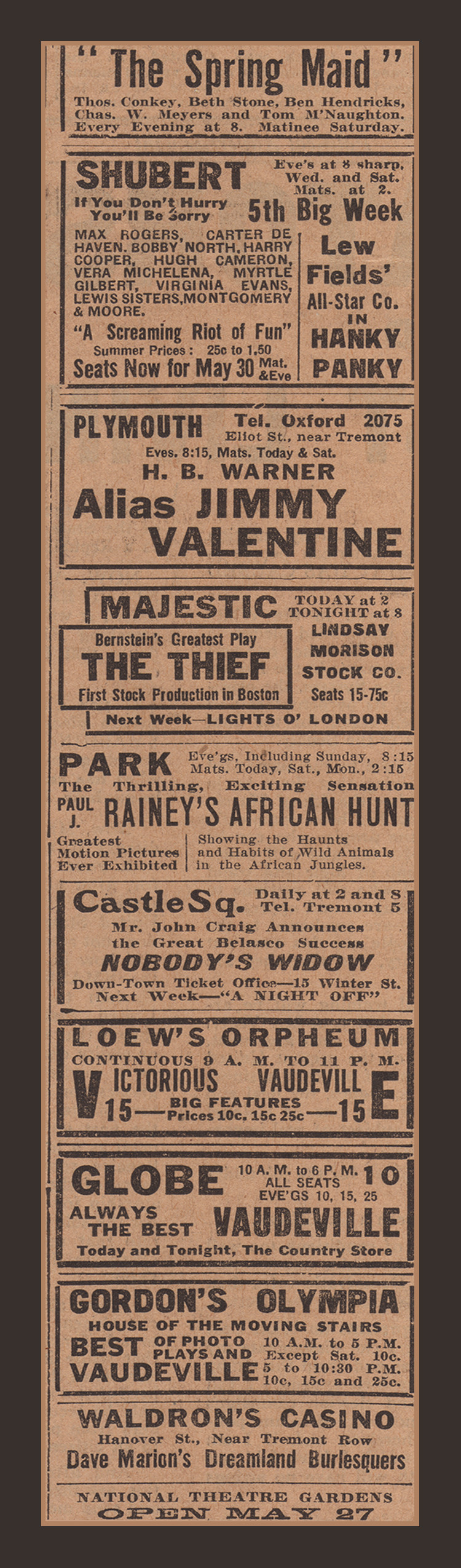 Theatre newspaper advertisements for Boston playhouses and vaudeville — historic image