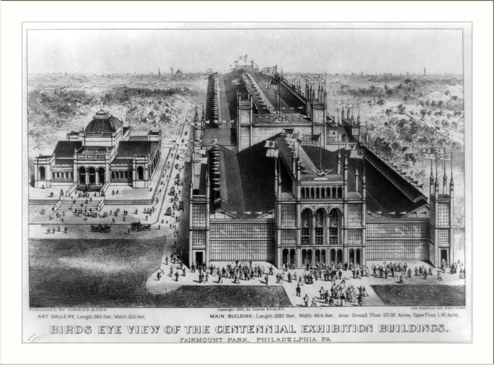 Birds eye view of the Centennial Exhibition buildings: Fairmount park Philadelphia, [New York] : Currier & Ives, 1875. — antique lithograph