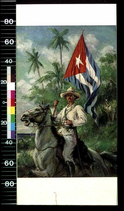 Mounted man in white holding the Cuban flag, painting