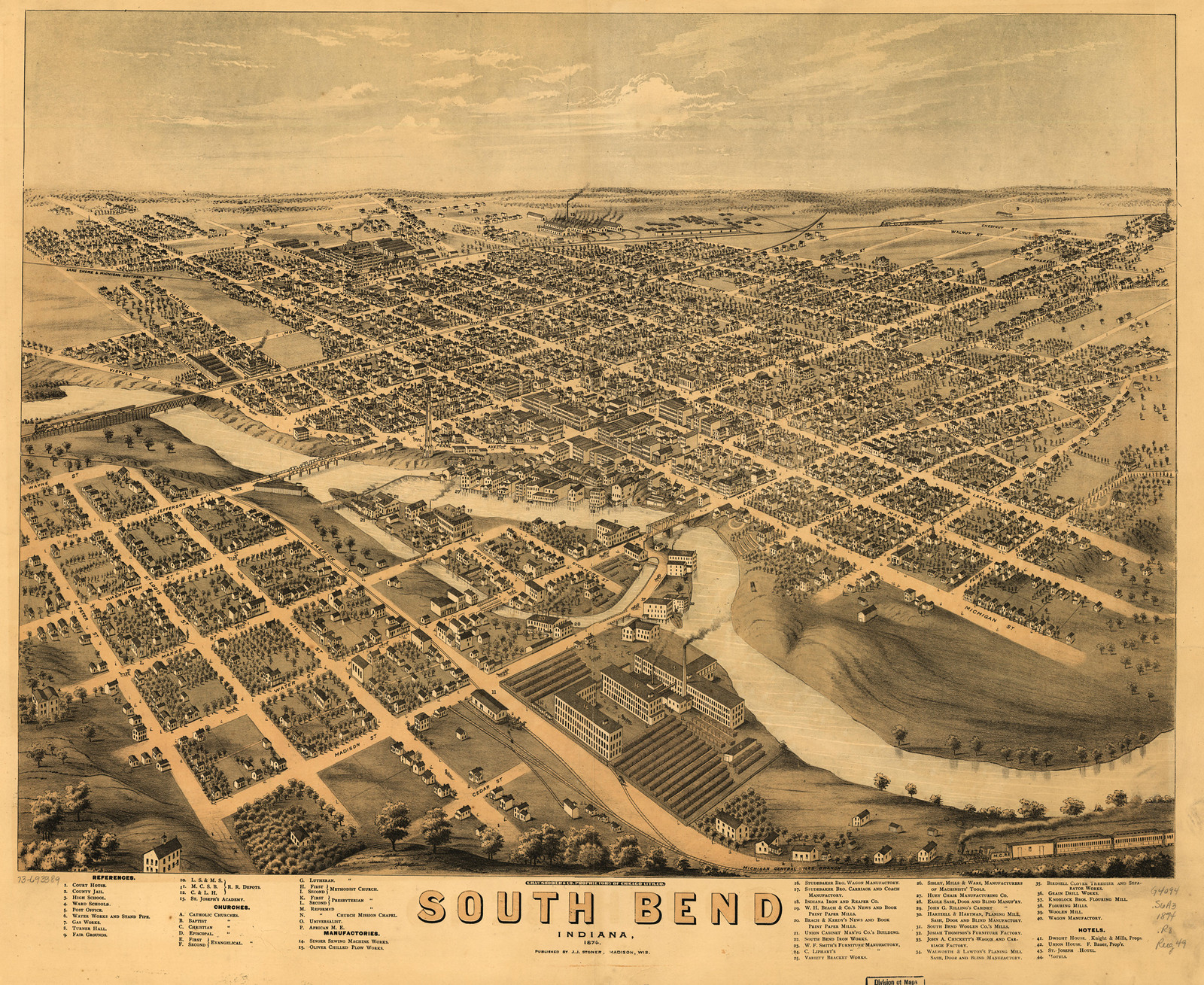 South Bend, Indiana, 1874, 1874 — antique map