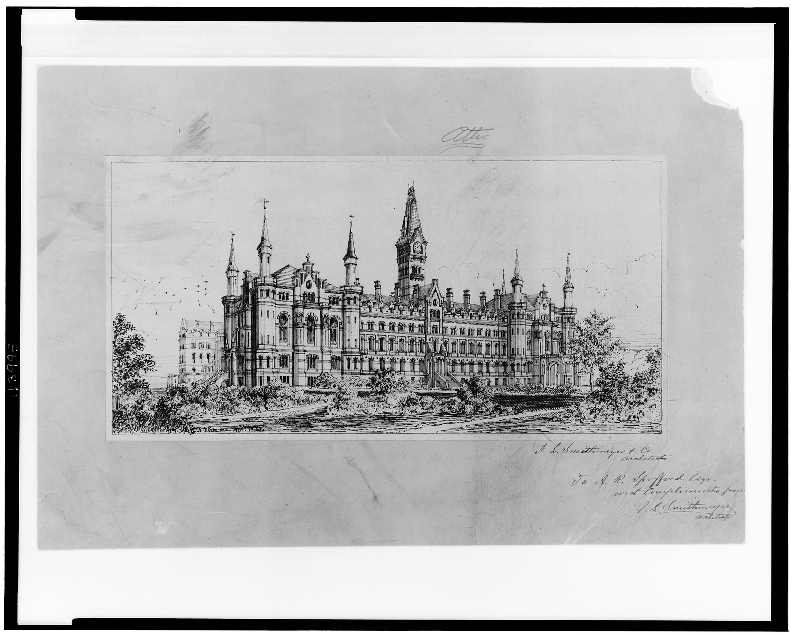 Ink drawing of a Gothic Revival building with clock tower — historic drawing
