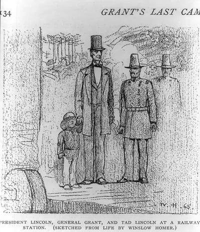 President Lincoln, General Grant, and Tad Lincoln at a railway station