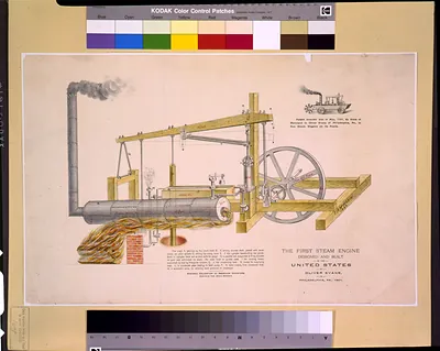 The first steam engine designed and built in the United States, by Oliver Evans, of Philadelphia, Pa., 1801 / Drawing by Thos. Arnold McKibbin.