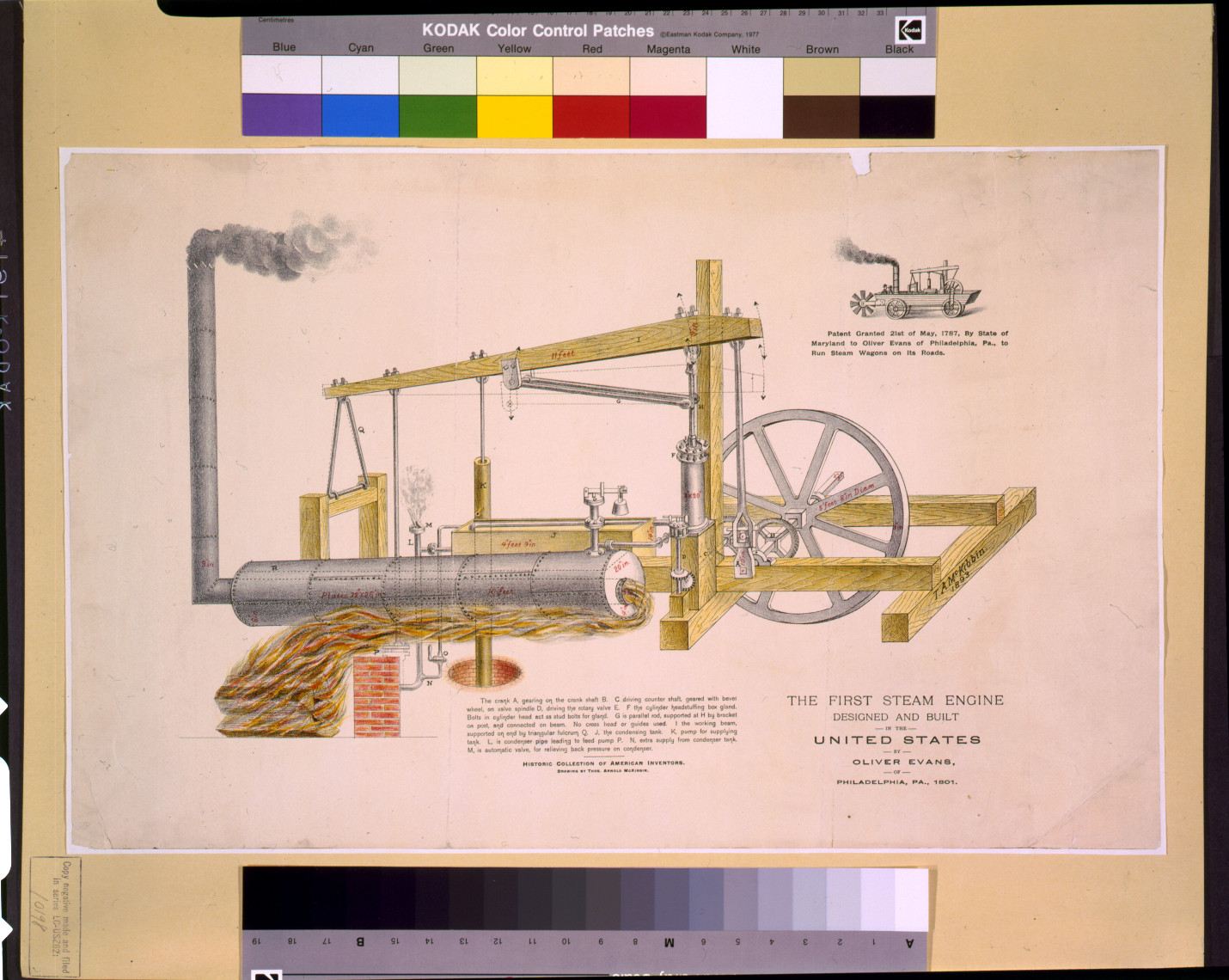The first steam engine designed and built in the United States, by Oliver Evans, of Philadelphia, Pa., 1801 / Drawing by Thos. Arnold McKibbin., 1893 — antique lithograph