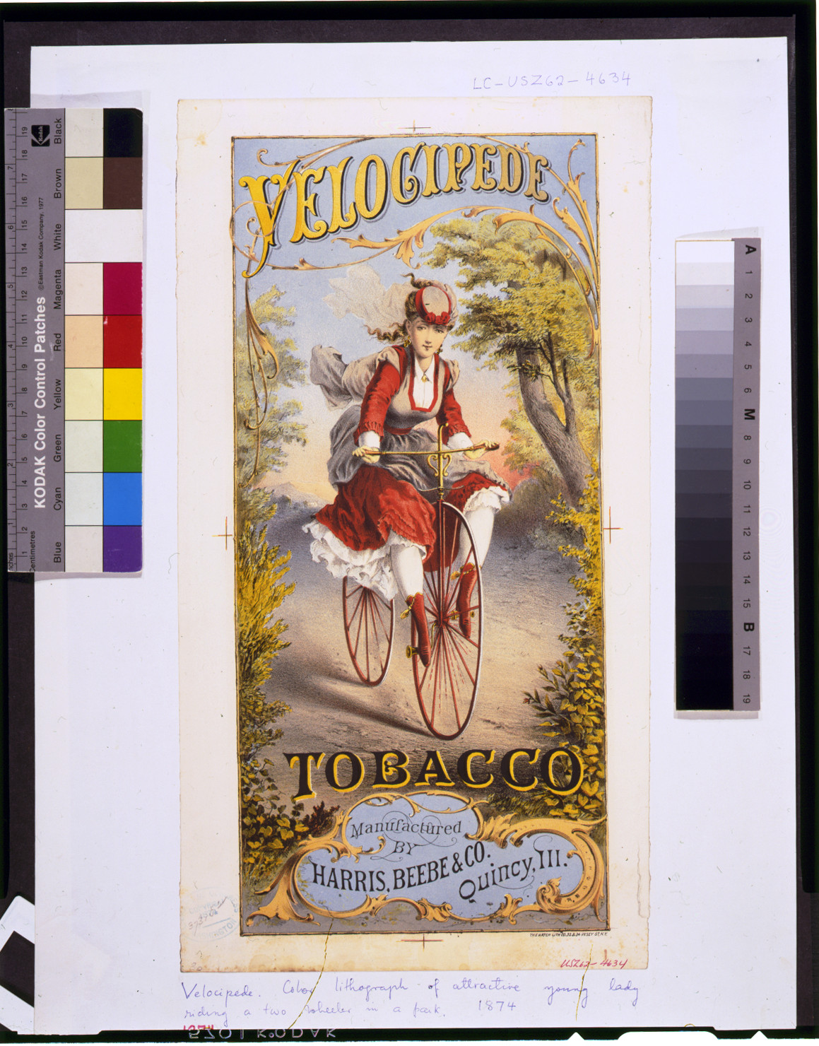 Velocipede tobacco--Manufactured by Harris, Beebe & Co. Qunicy, Ill. / The Hatch Lith. Co. 32 & 34 Vesey St. N.Y., c1874. — antique lithograph