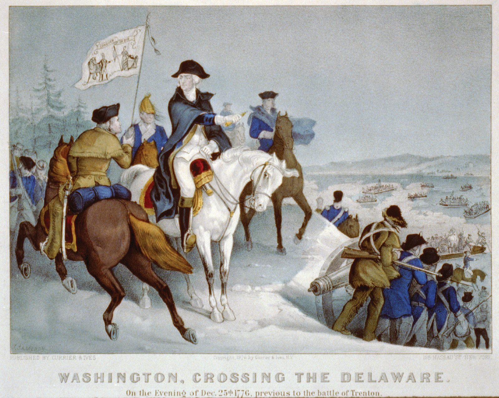 Washington Crossing The Delaware On The Evening Of Dec 25th, 1776 Previous To The Battle Of Trenton, c. 1876 — antique lithograph