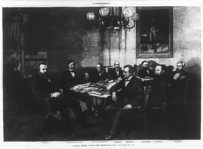 A cabinet meeting at the White House- Pres. Hayes, John Sherman [Secy. of the Treasury], R.W. Thompson [Secy. of the Navy], Charles Devens [Atty. Gen.], William Evarts [Secy. of State], Carl Schurz [Secy. of Interior], George McCrary [Secy. of War] and David Key [Postmaster Gen.]