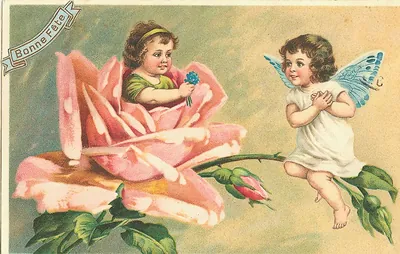 Winged fairy and child among roses, Bonne Fête card
