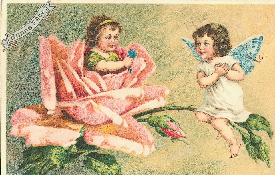 Winged fairy and child among roses, Bonne Fête card — historic image