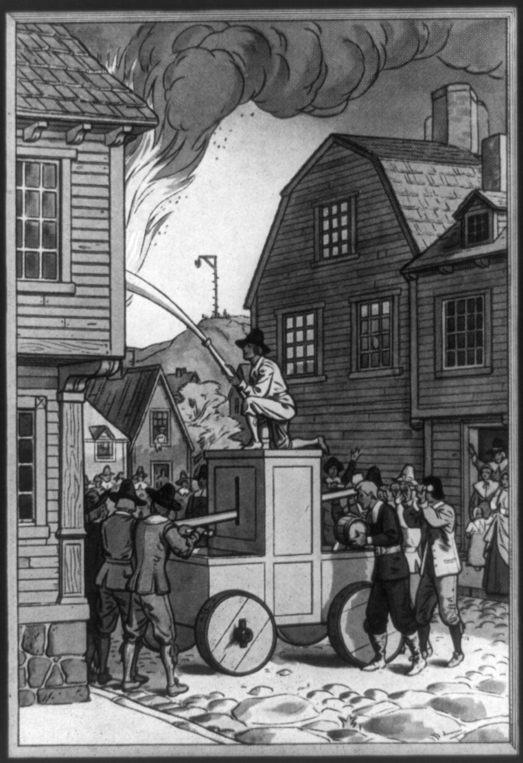 The First fire engine made in this country was constructed in 1654 by Joseph Jencks of Lynn, who offered it to the Selectmen of Boston at the time of the first Great Fire, [1935] — historic print