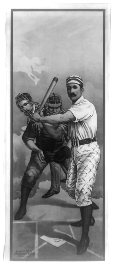 [Baseball player at bat, in front of catcher and umpire]