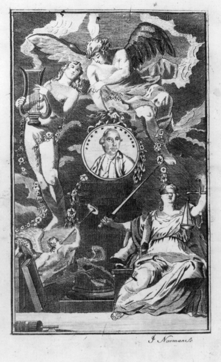 [Allegory: Nature stands ready to strike the lyre, as Liberty presents medal to Washington; Fame blows her trumpet, and Astrea finds a part of the earth where she may fix her residence], 1784 — antique engraving