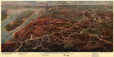 1925 The Vicksburg National Military Park and vicinity showing lines of siege and defense of the city. National cemetery in background