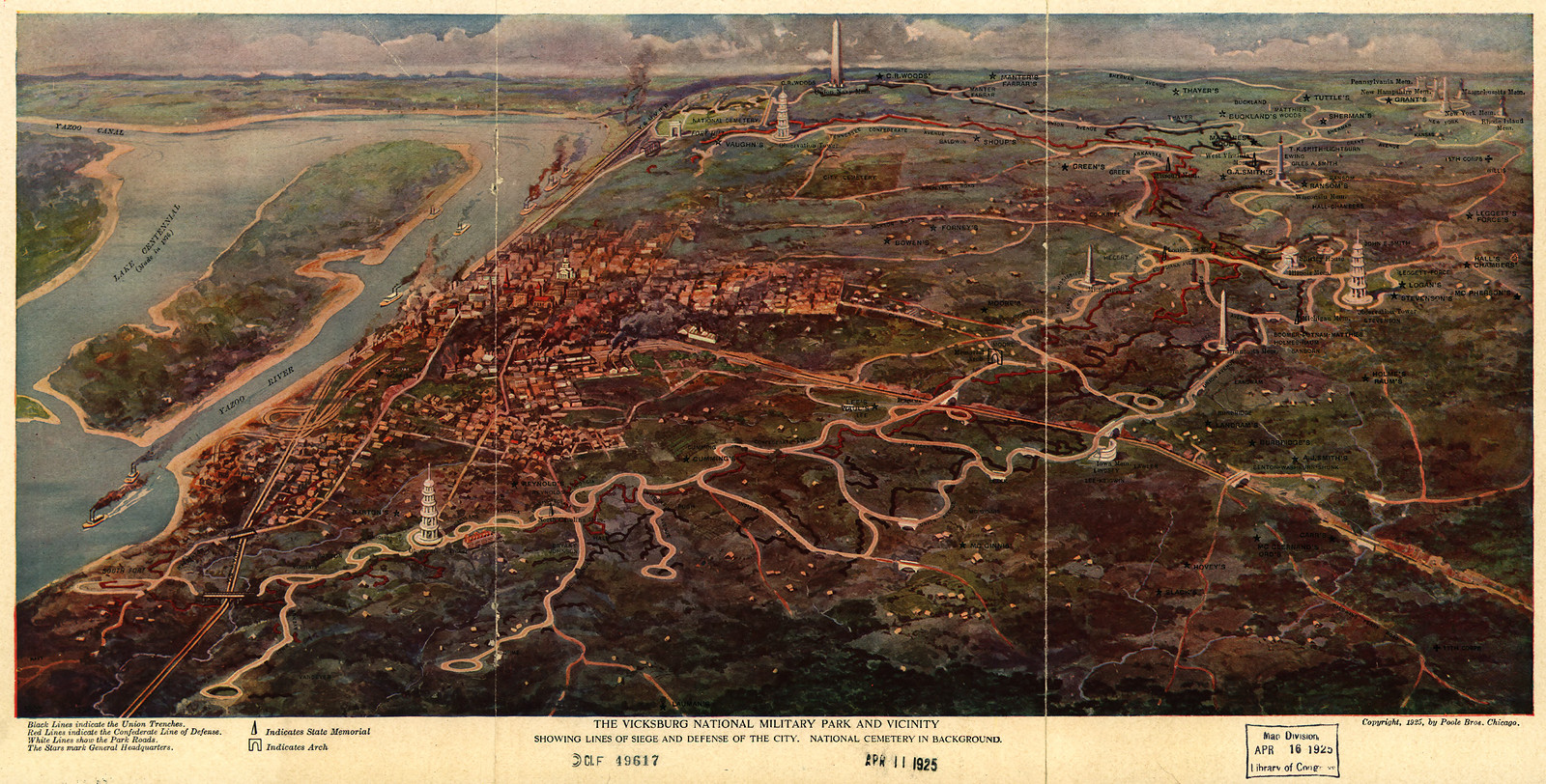 1925 The Vicksburg National Military Park and vicinity showing lines of siege and defense of the city. National cemetery in background — historic image