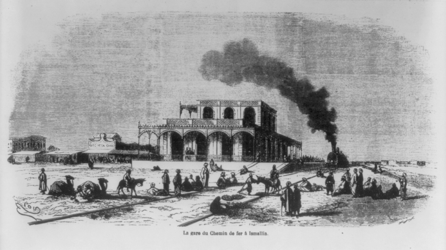 [Illus. relating to the Suez Canal, 1869: Railroad station at Ismaila] — historic image