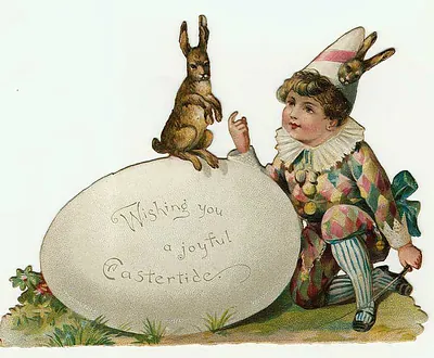 Victorian Easter card: harlequin child, rabbit and egg