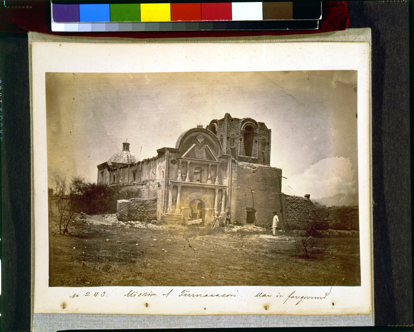 Mission of Tumacacori - man in foreground, [ca. 1870] — historic photograph