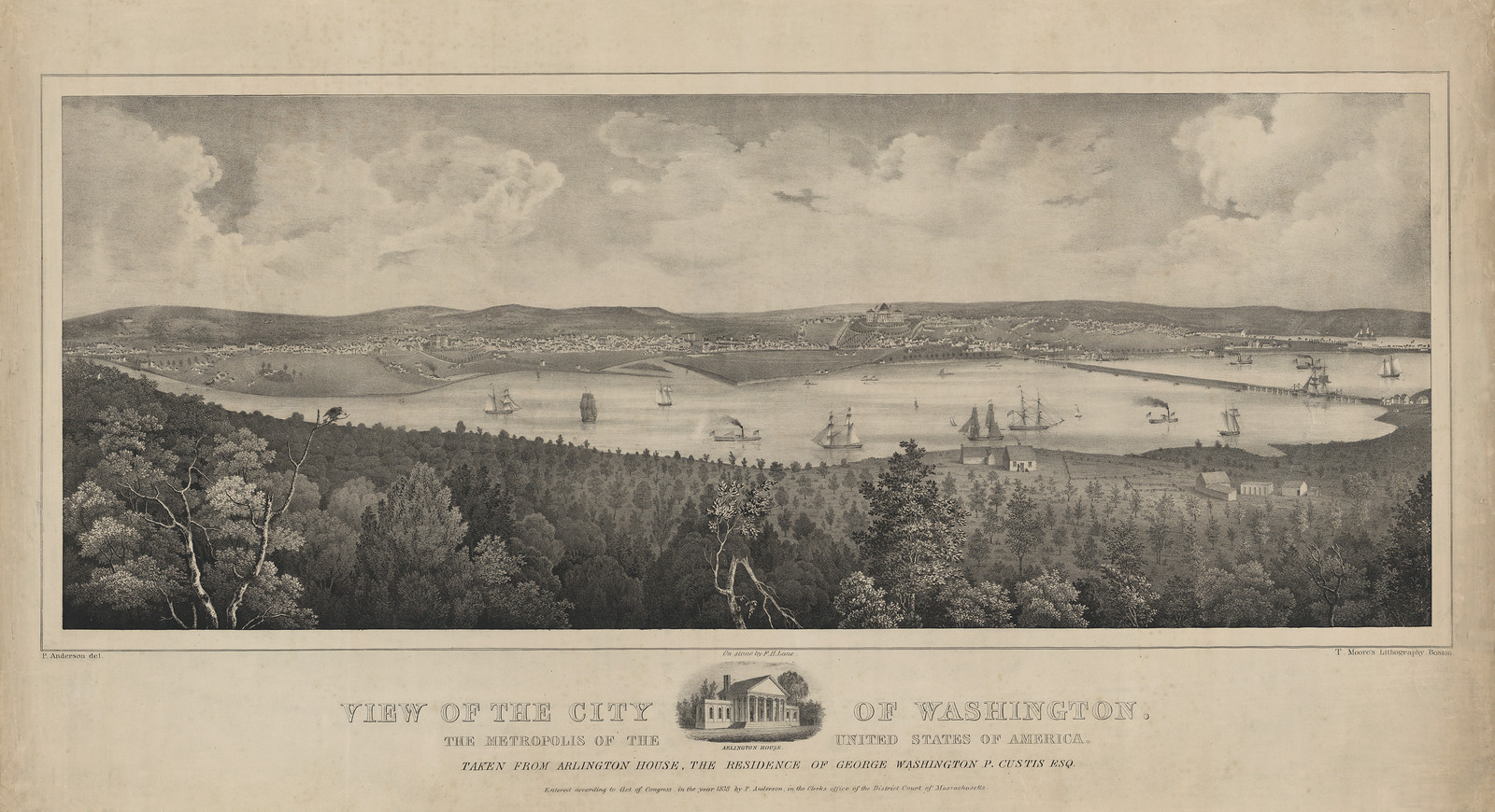 View of the City of Washington, the Metropolis of the United States of America, taken from Arlington House, the residence of George Washington, 1838 — antique lithograph