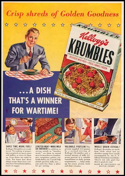 Kellogg's Krumbles advertisement: "A dish that's a winner for wartime!