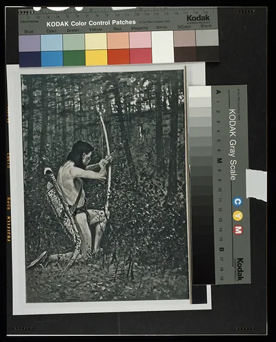 Native American archer drawing a bow in a forest