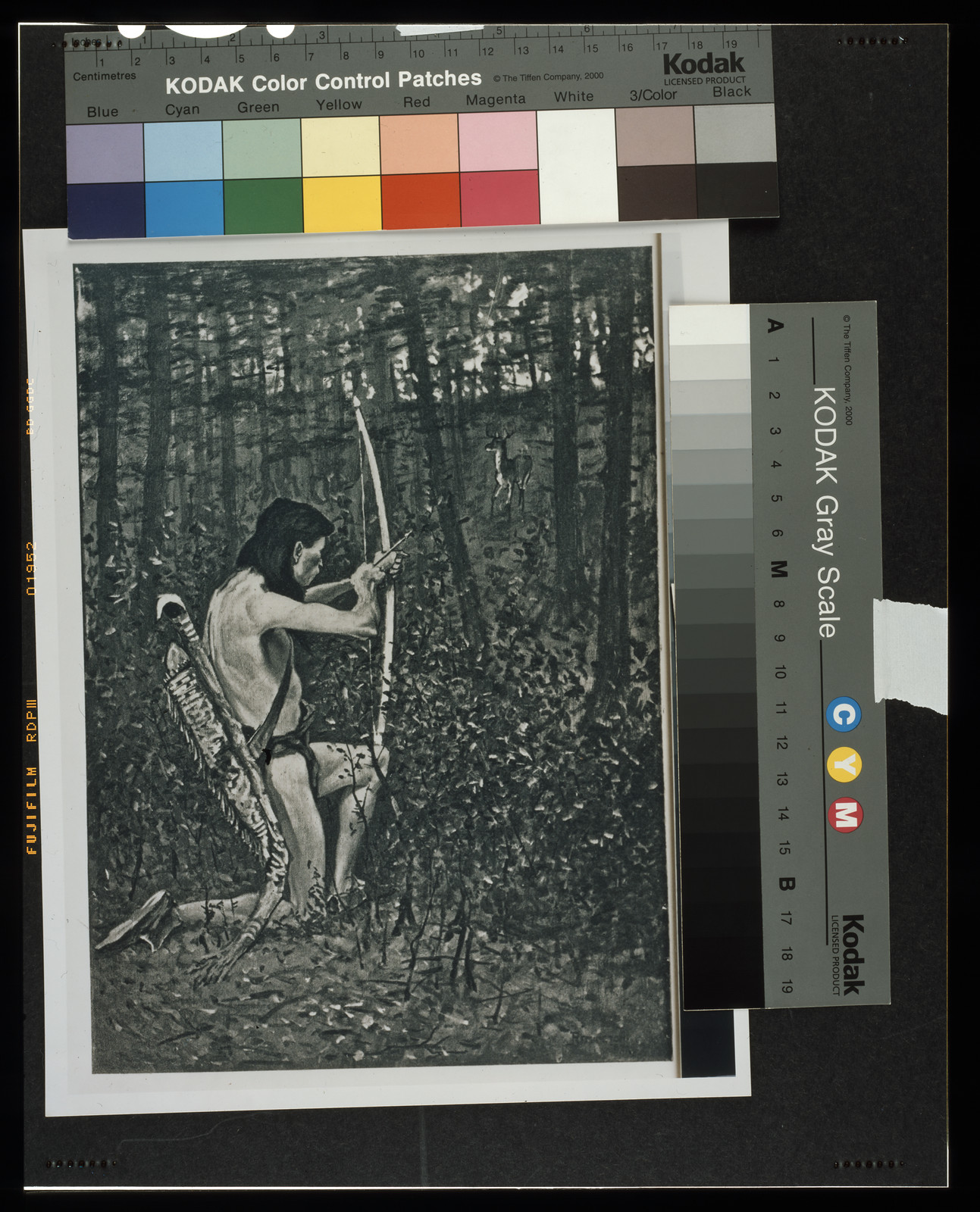 Native American archer drawing a bow in a forest — historic drawing