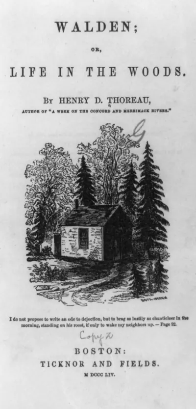 [Title page of Henry D. Thoreau, Walden; or life in the woods, 1854, showing Thoreau's hut at Walden Pond, Massachusetts]