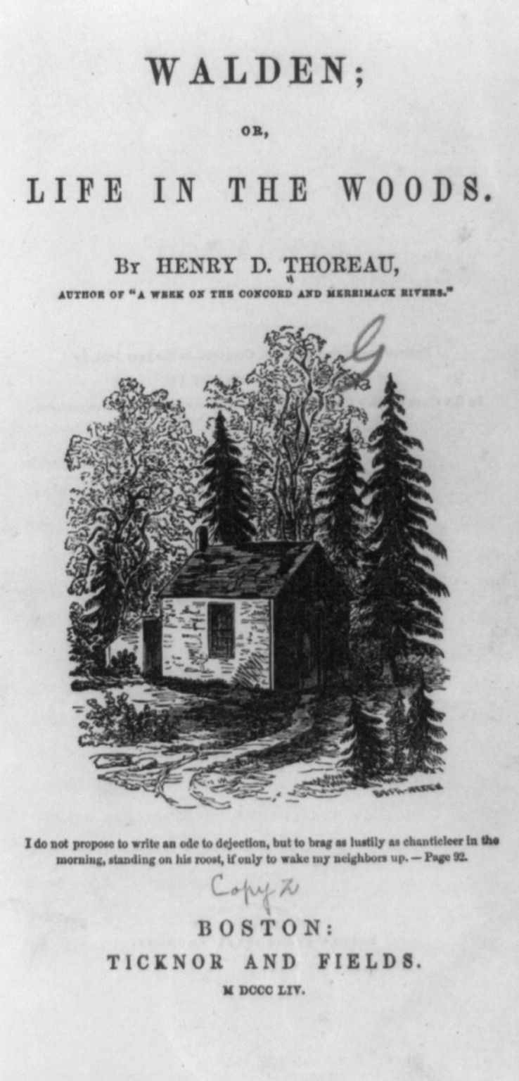 [Title page of Henry D. Thoreau, Walden; or life in the woods, 1854, showing Thoreau's hut at Walden Pond, Massachusetts], [1854] — antique engraving