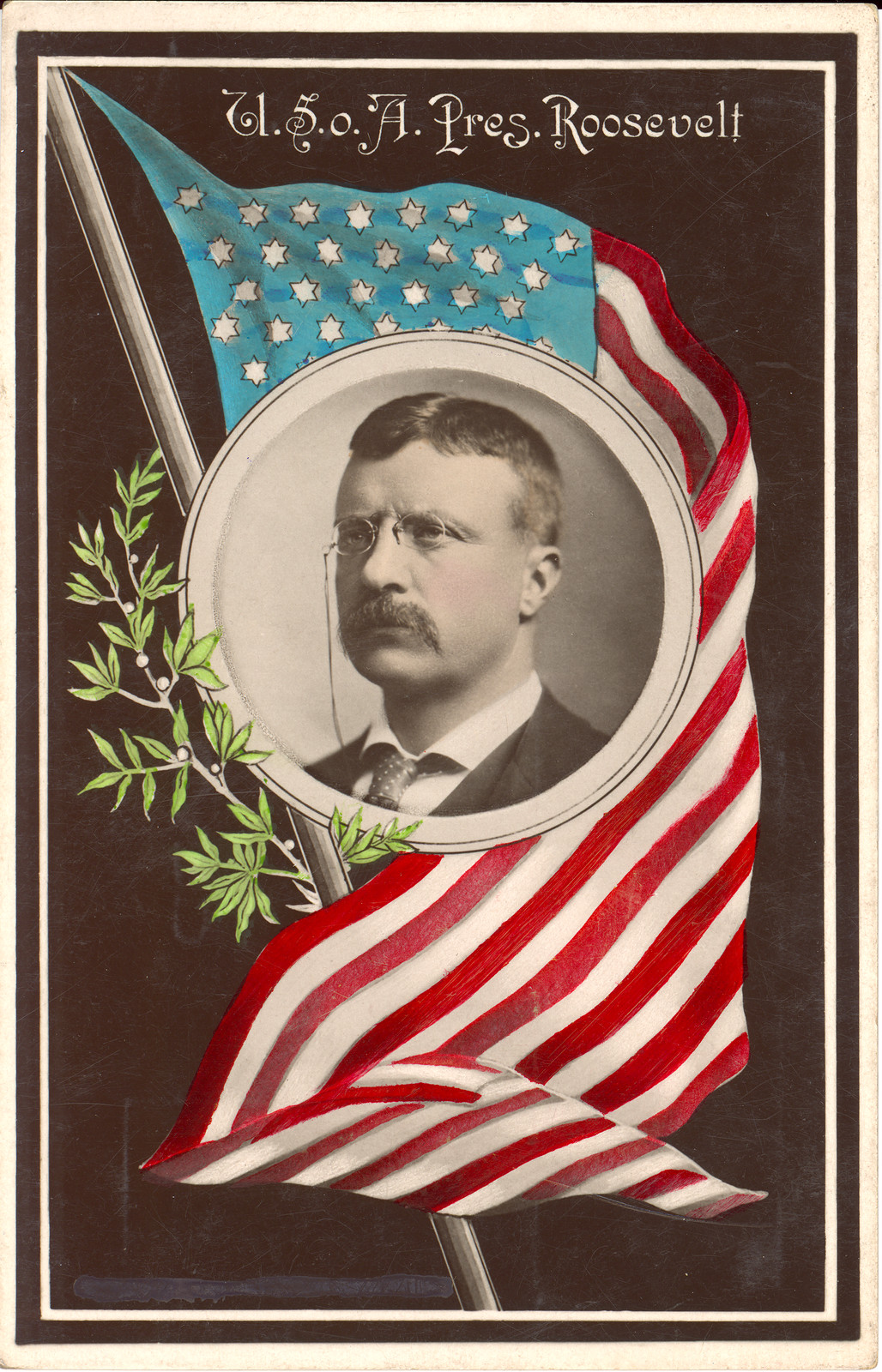 Postcard of Theodore Roosevelt portrait framed by American flag — vintage postcard